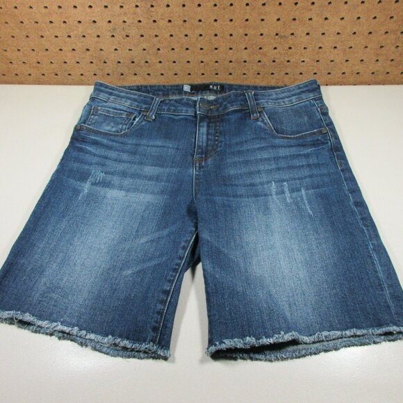 KFTK womens dark wash distressed rips strech frayed jean shorts 8 EUC - Picture 1 of 8